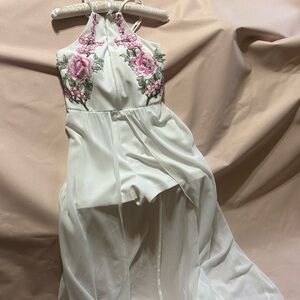White Halter Romper Dress with Pink Floral Embroidery